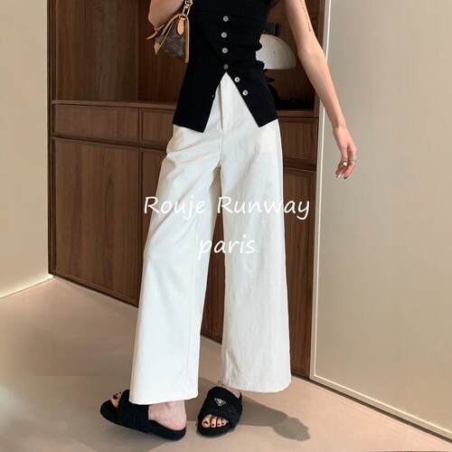 Rouje Runway白色九分阔腿裤女春夏新款宽松慵懒直筒裤高腰工装裤