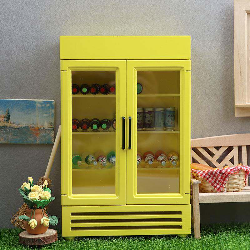 1:12娃娃屋dollhouse迷你家具木质冰箱商店微场景饮料彩色冰柜