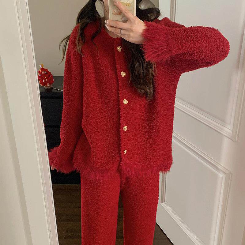 加厚半边绒睡衣女款冬季保暖家居服 超柔珊瑚绒长袖睡衣 新年红色