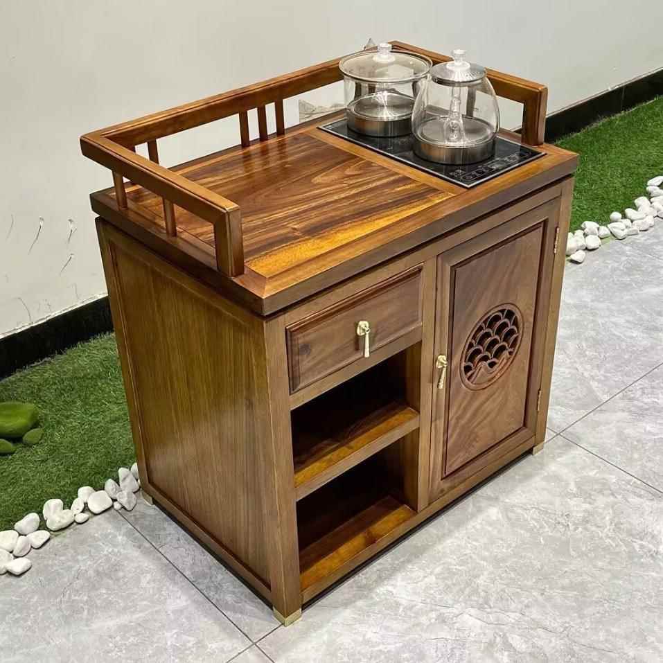 胡桃木茶水柜简约实木餐边柜新中式可移动置物柜奥坎小茶车收纳柜