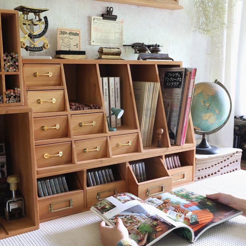 叁杉家居手账书桌木质抽屉收纳盒文具彩铅复古桌面分隔书架置物架