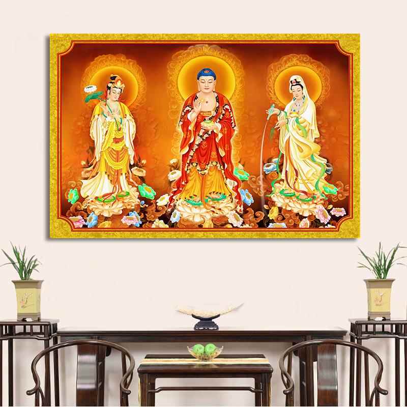 西方三圣佛像挂画 大势至观世音画像 家用供奉阿弥陀佛三尊接引图