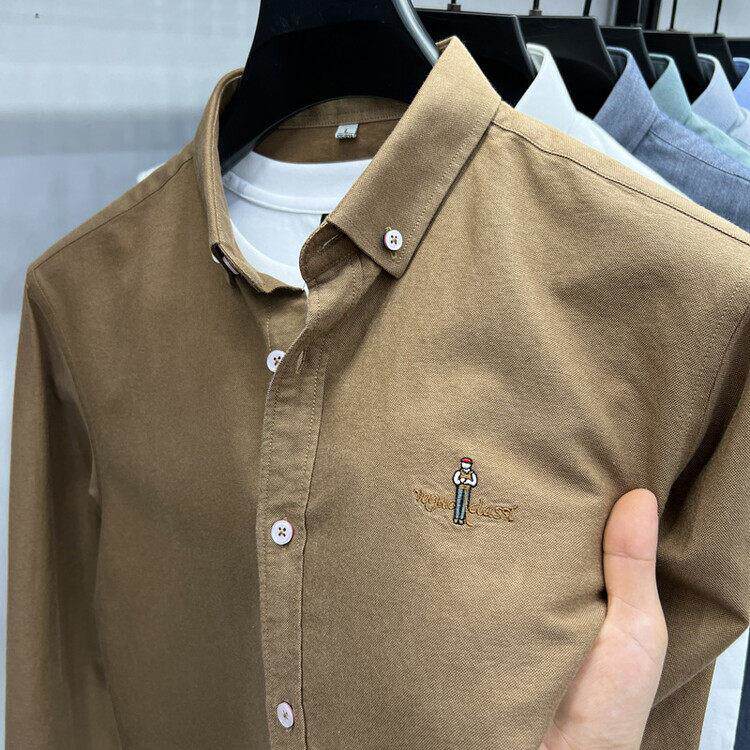 palm city 高端纯棉长袖衬衫男款春秋季厚实休闲刺绣翻领外套潮