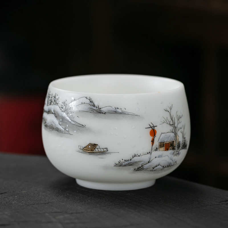 新中式冰种素烧羊脂玉茶杯手绘主人杯功夫茶具品茗杯雪景禅定茶盏