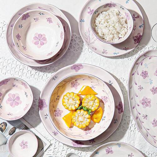 Retro style ceramic bowl and dish set, household purple tabl