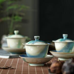 晴先生极光窑变系列温润蓝全手工三才盖碗泡茶碗主人杯品杯泡茶器