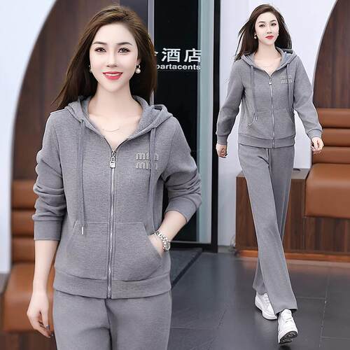牌时动运服休闲品套装女春秋新款尚87511619开衫连帽洋气大码两件