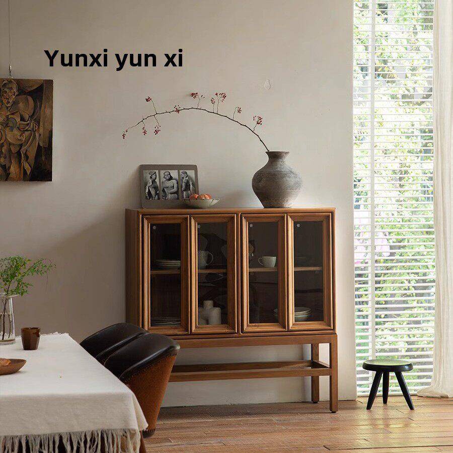 中世纪简约客厅餐具柜美式覆古风格实木入口柜书柜展示柜展示柜储