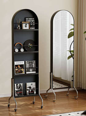 全身镜移动旋转书架穿衣镜卧室试衣中古杂志架家用一体落地镜子