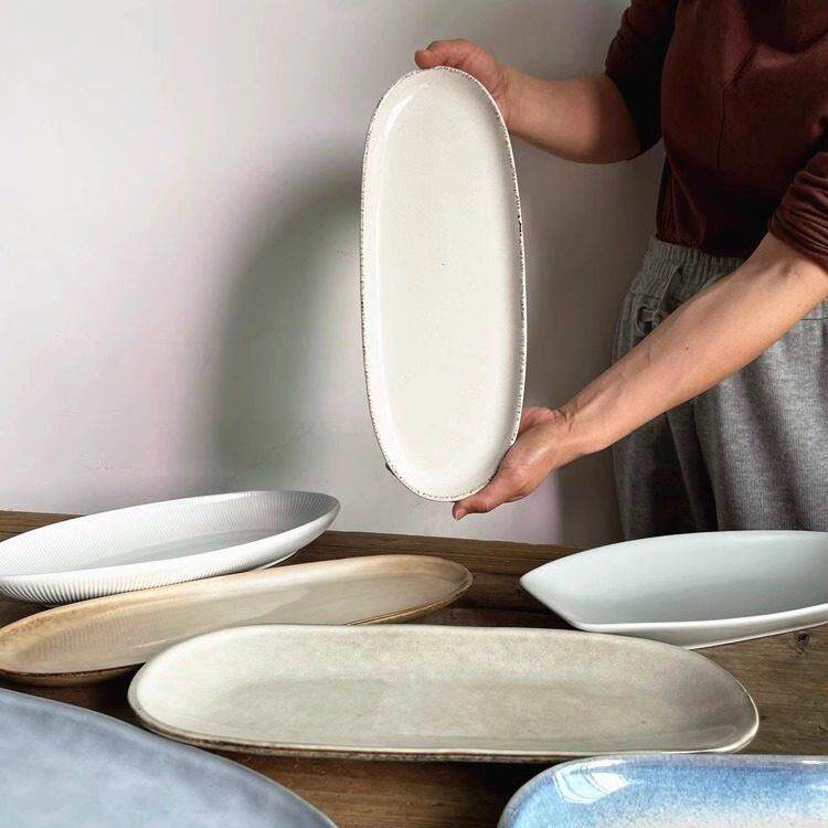 欧式复古粗陶鱼盘长形盘菜盘家用陶瓷餐具餐盘高级感日式餐水果盘