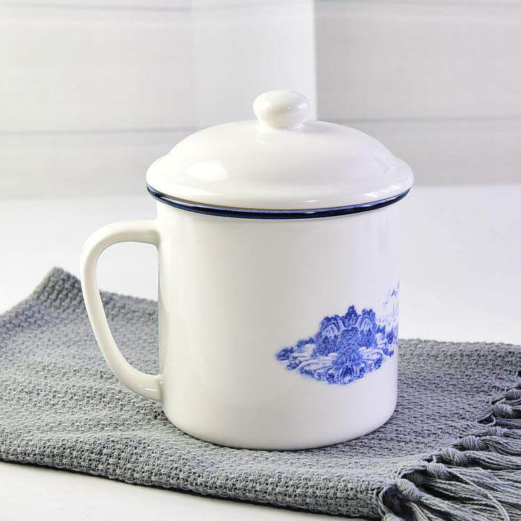 大容量陶瓷杯子仿搪瓷国潮会议盖杯骨质瓷复古怀旧茶杯