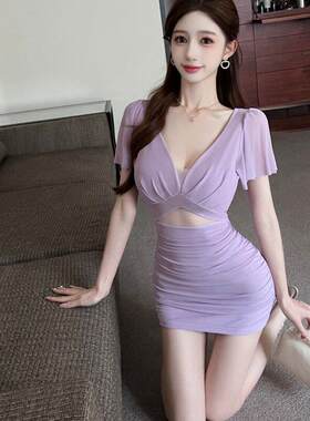 法式纯欲性感领低胸镂空洋装女夏装2025新款甜辣妹包臀短裙子