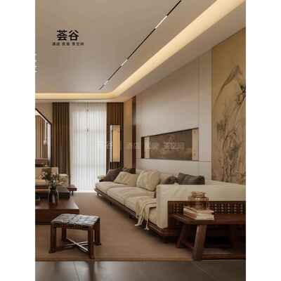 需定制宋氏美学实木直排沙发中古风酒店民宿别墅会客布艺转角格栅