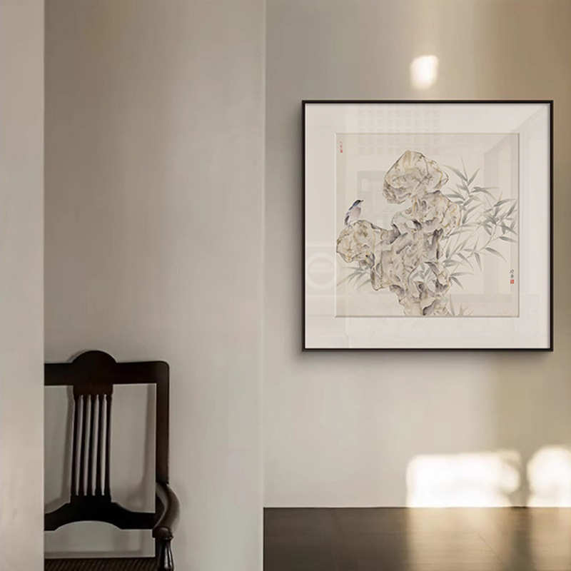 新中式正方形玄关客厅装饰画酒店餐厅茶室挂画太湖石竹子禅意壁画图片