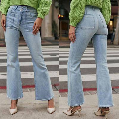 Women Waisted Mom Jeans Stretchy Breathable Two Buttons
