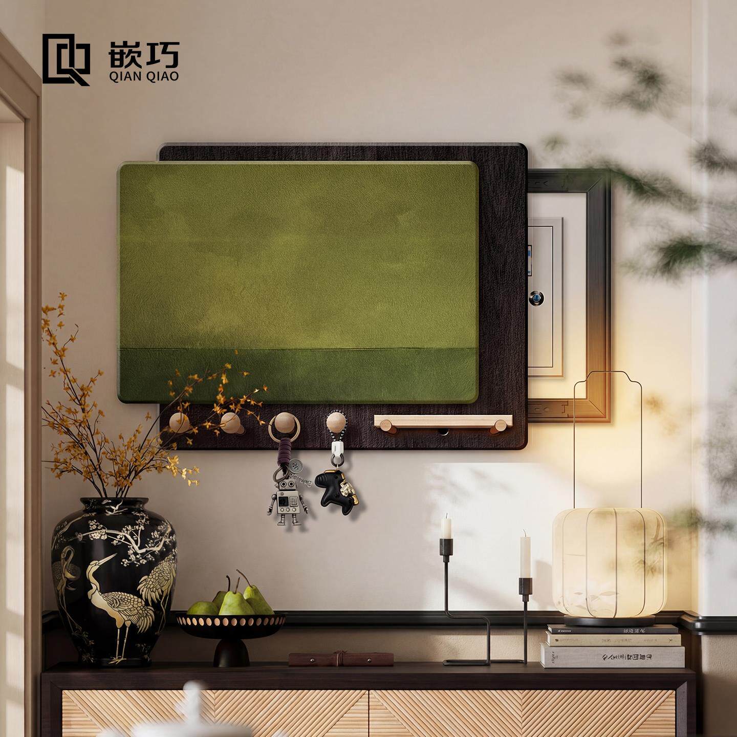 绿色系洞洞板电表箱装饰画左右推拉电源电闸挂画可置物配电箱遮挡
