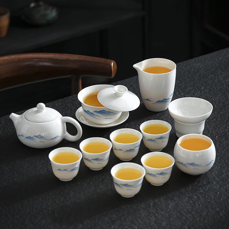 晟翔陶瓷茶具羊脂玉简约悬停蓝山盖碗茶壶主人杯12件套