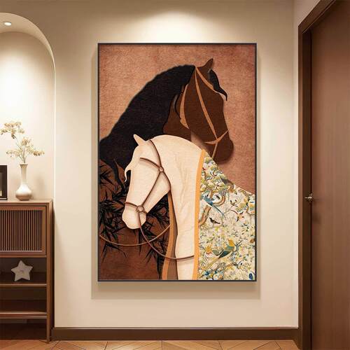 马到成功中古风入户玄关装饰画高级感沙发背景墙挂画客厅落地壁画