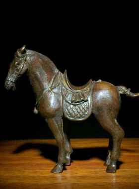 古玩铜器收藏仿古实心铜小唐马摆件骏马带马鞍马驹小铜马把件唐马