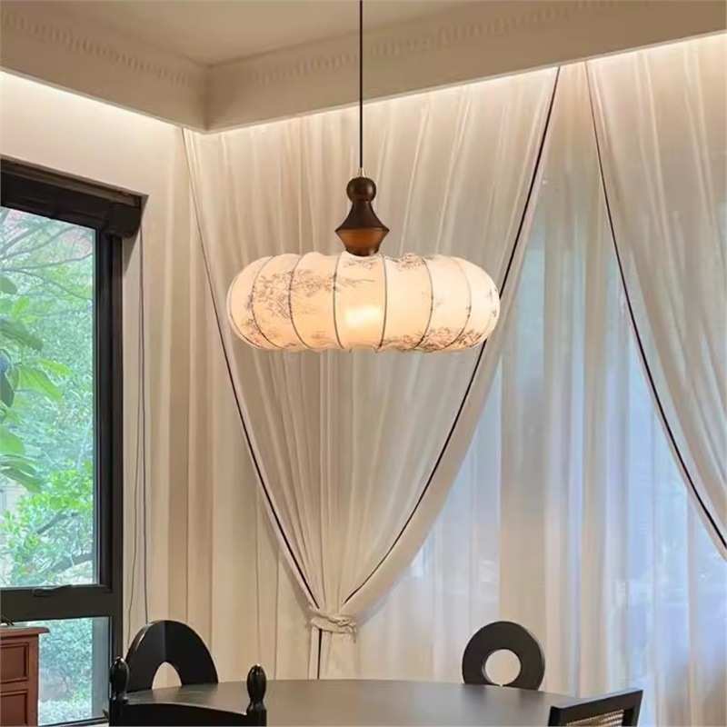 复古风实木新款中国风高级感卧室客厅书房灯法式新中式布艺吊灯