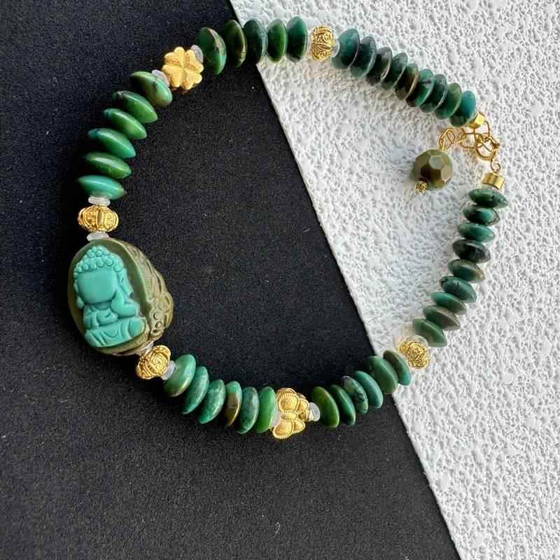 天然原矿绿松石飞碟珠手链 单圈手串珠链珠串尺寸14.6×12×7.5mm