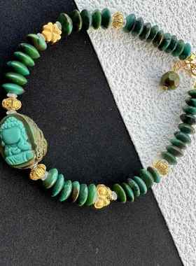 天然原矿绿松石飞碟珠手链 单圈手串珠链珠串尺寸14.6×12×7.5mm