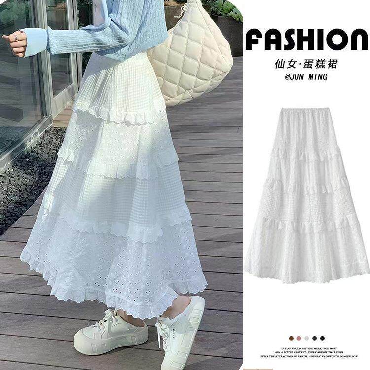 白色蛋糕裙女春款半身裙温柔风小个子中长裙高腰气质优雅裙子定制