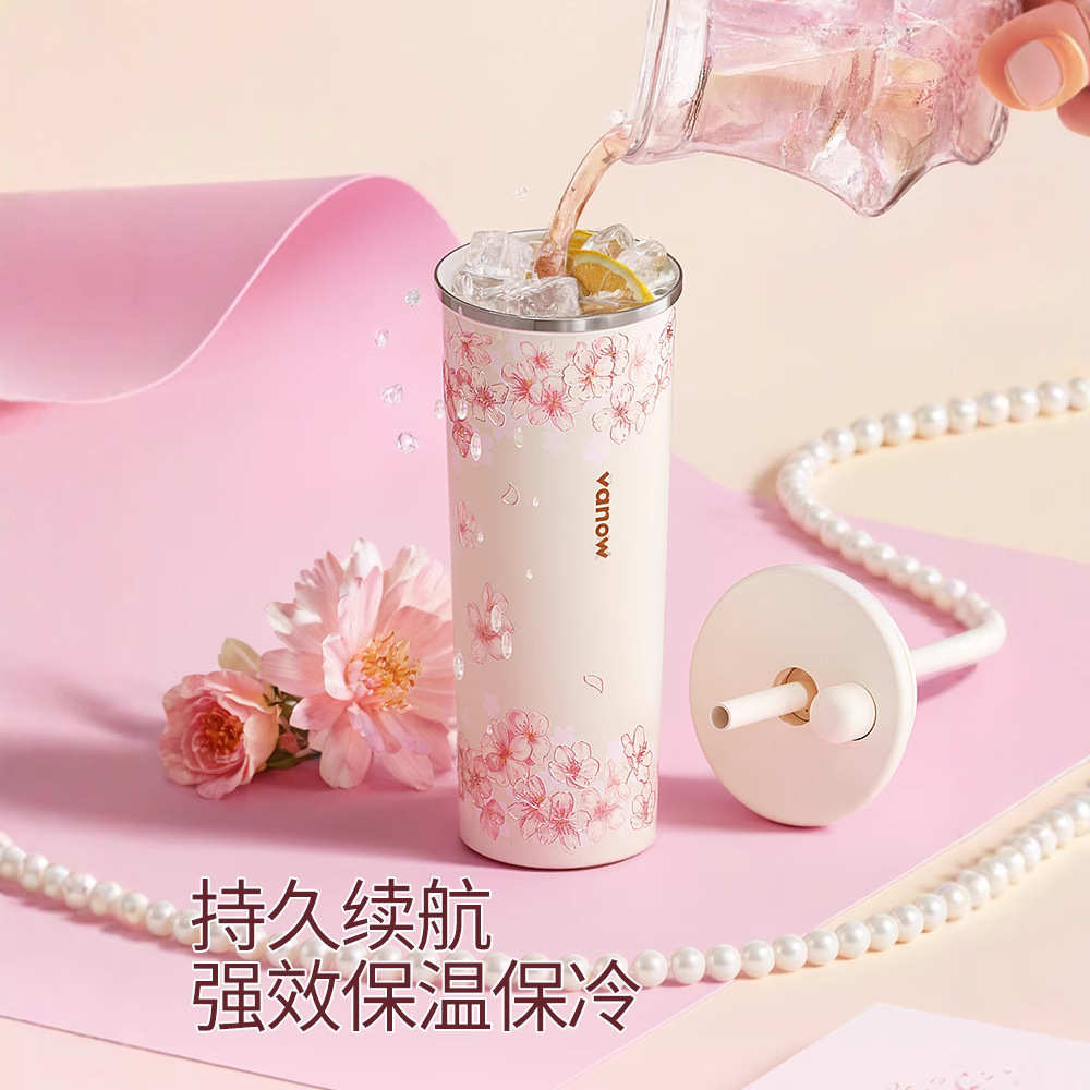 Vanow樱色雪吸管保温杯女大容量车载陶瓷内胆咖啡随行冰霸水杯子