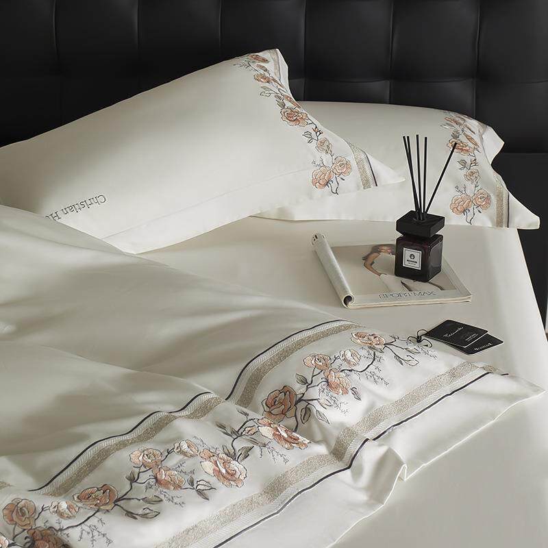 浪漫轻法式120s超柔全棉四件套玫瑰刺绣宽边被套国风纯棉超柔床品