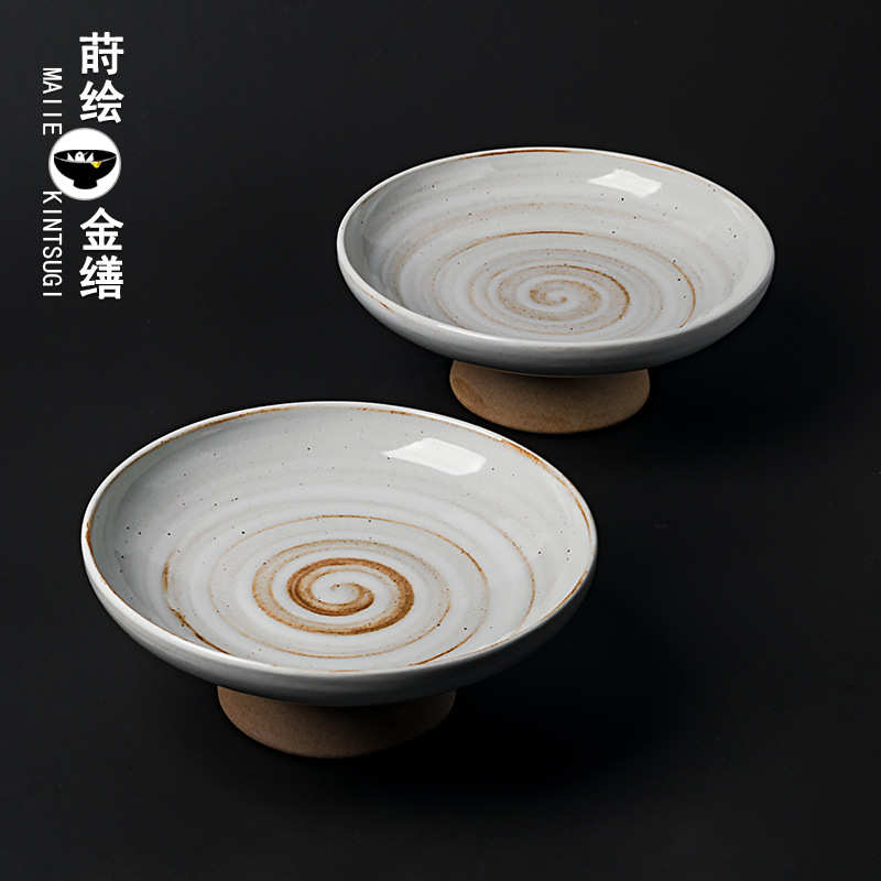 日式陶瓷果盘点心盘子高脚粗陶茶点盘日式螺纹瓜子盘景德镇餐具