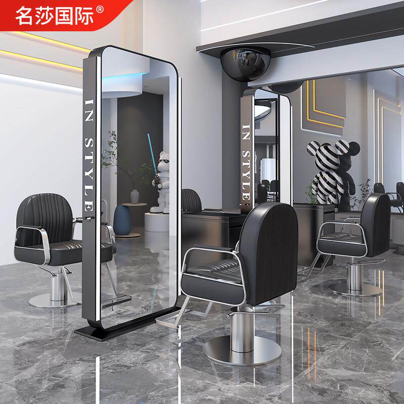 网红理髲店镜子发廊专用高端美发店镜台剪发镜全身带灯双面落地镜