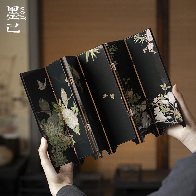 墨己茶空间茶桌双面小屏风摆件中国风复古茶台漆器木摆件茶道配件