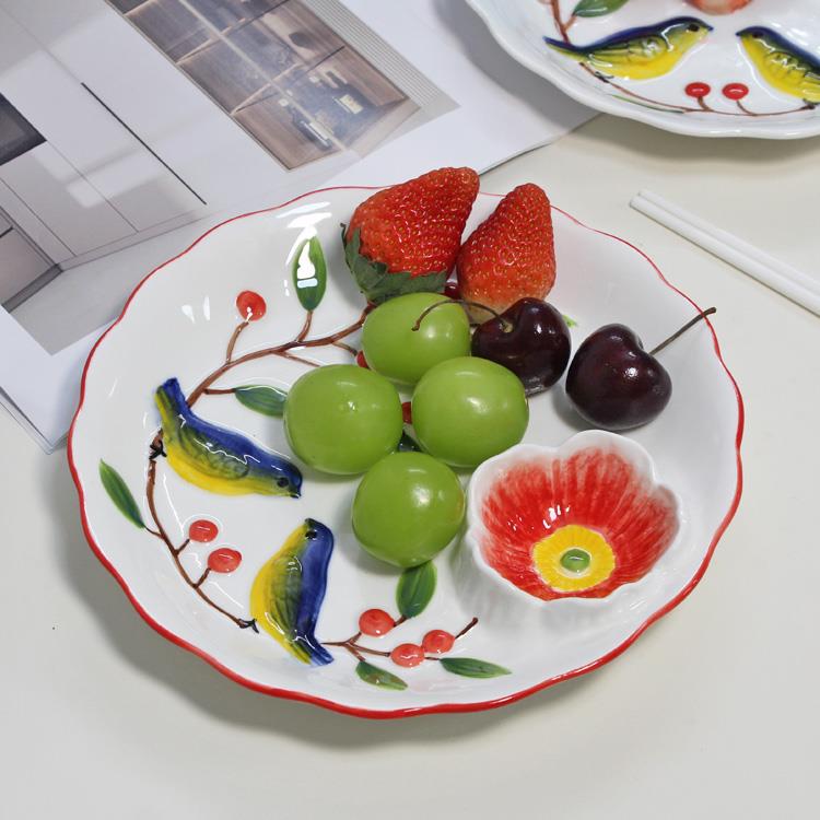 中式手绘喜鹊陶瓷盘子饺子盘带醋碟家用菜盘餐厅冷菜盘水果小吃盘