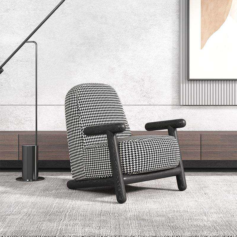 沙发椅单人小户型千鸟格极简现代休闲椅子舒适坐垫乳胶实木北欧