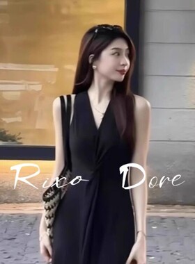 RIXO DORE法式高级黑色V领无袖洋装小众赫本风气质背心收腰长裙