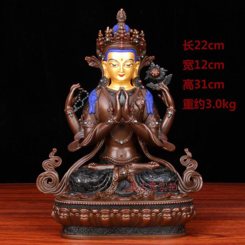 高档真古 黄铜四臂观音菩萨佛像意藏摆件传佛铜四壁观家居工艺音