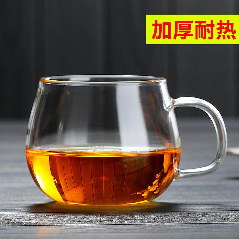 透明带把玻璃杯子牛奶果汁杯家用耐热圆形单层大肚泡茶杯水杯无盖