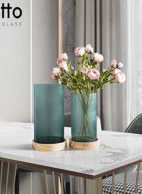 简约创意玻璃木质混搭办公室花瓶 家居装饰餐桌落地花瓶插花摆件