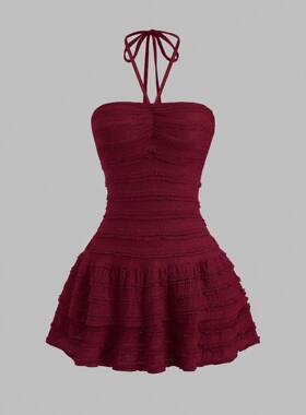 Women's Textured Smocked Mini Dress, Halter Tie Neck