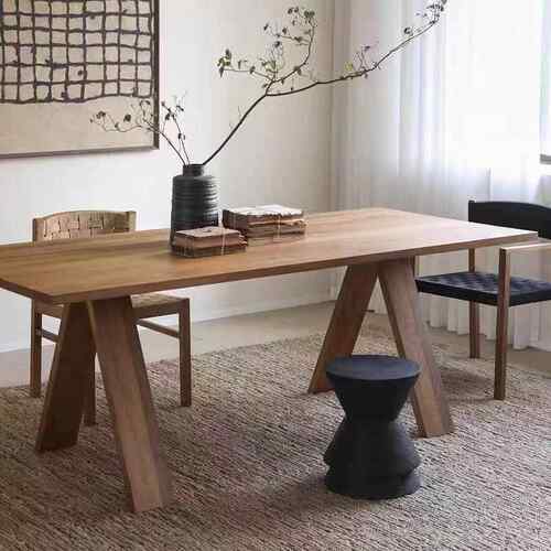侘寂风实木餐桌工作台 复古风客厅桌子 简约家用长方形原木长桌子
