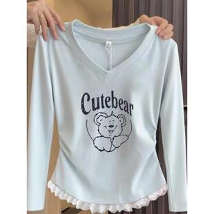 浅蓝色上衣打底衫 t恤女修身 koko⭐v领下摆蕾丝收腰长袖 韩国Honey