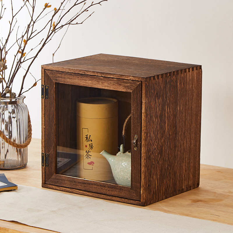 实木防尘茶具收纳盒单门储物柜化妆品文具日式桌面柜子置物架单格