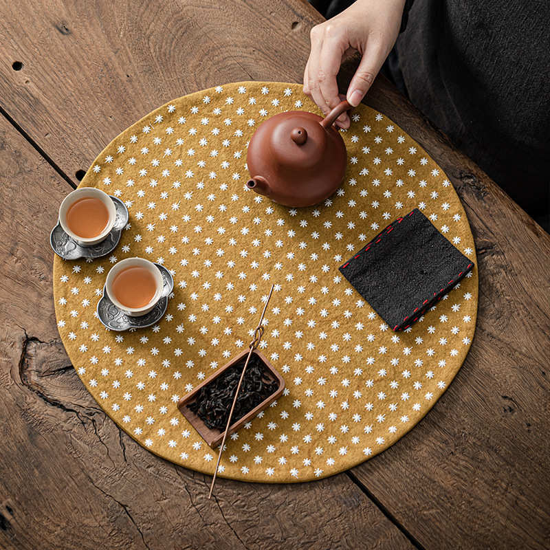 扎染布圆形刺绣茶席干泡隔热垫老粗布大茶垫禅意桌旗复古餐垫茶具