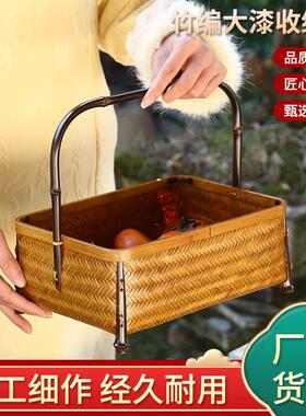 收纳筐竹编大漆果盘茶点盘家用水果篮中式复古带提手点心盘点心篮