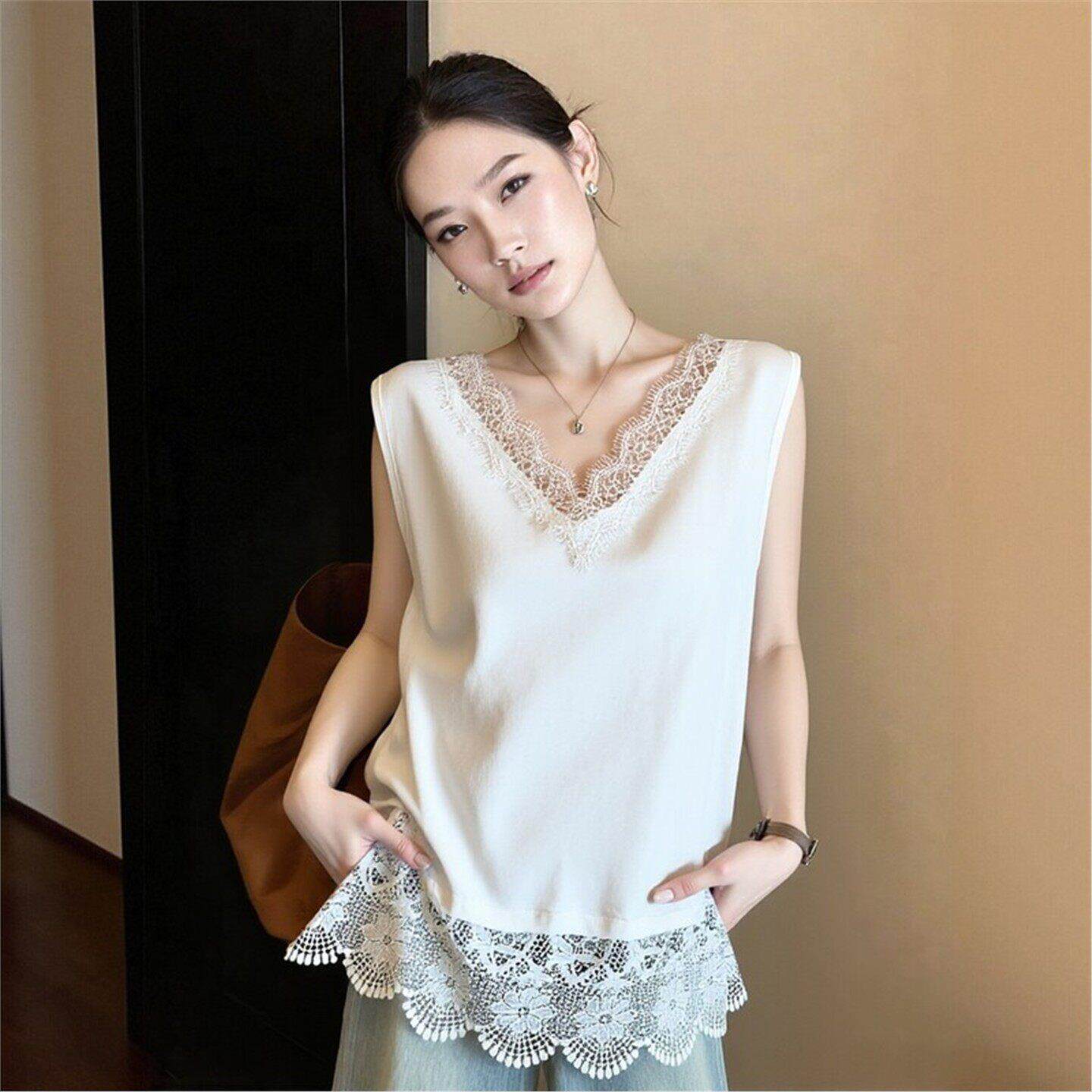 潮牌蕾丝花边背心外搭女春季新款时尚休闲百搭宽松无袖打底衫上衣