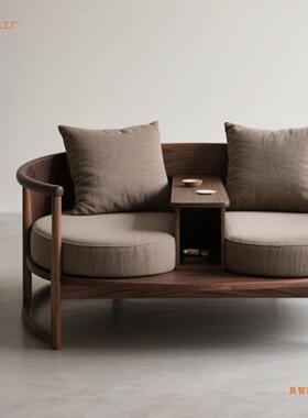 新式北中美黑木罗汉桃床宋胡式美学双人沙ADG发实木连身椅布艺贵