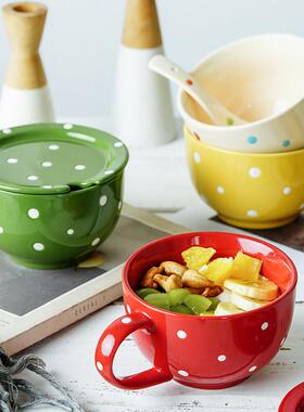 MAR三月｜波点早餐杯陶瓷麦片杯牛奶马克杯大容量杯带勺带盖子汤