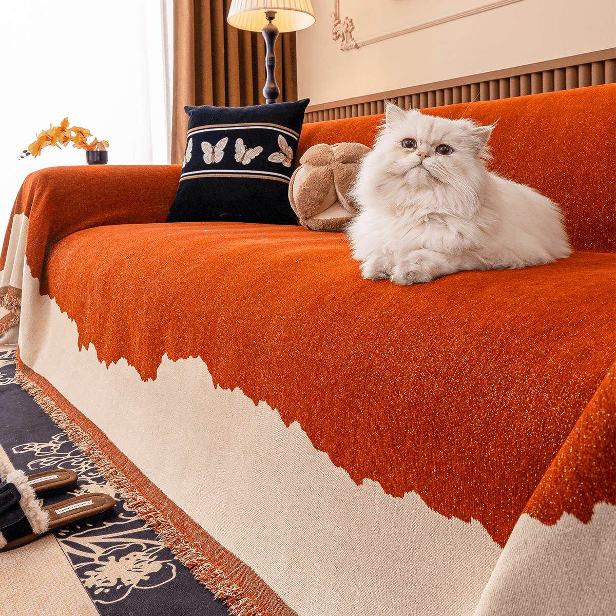 橙色雪尼尔沙发盖布巾四季通用2025新款高级感套罩一整张全盖毯子