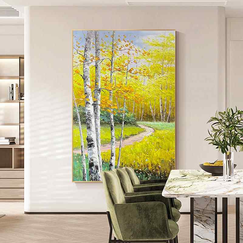 网红手绘油画黄北欧客厅装饰画手白桦林风景挂画工厚金油刀画大纯