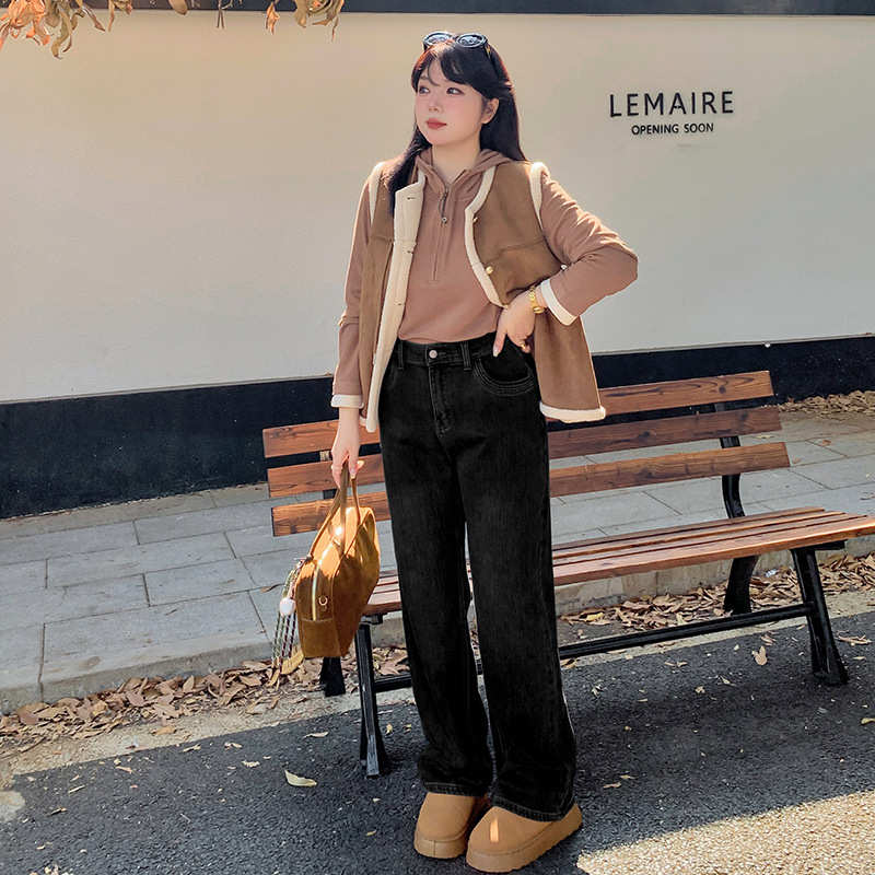 复古蓝阔腿牛仔裤女秋冬加绒大码胖mm宽松显瘦高腰直筒裤子421921